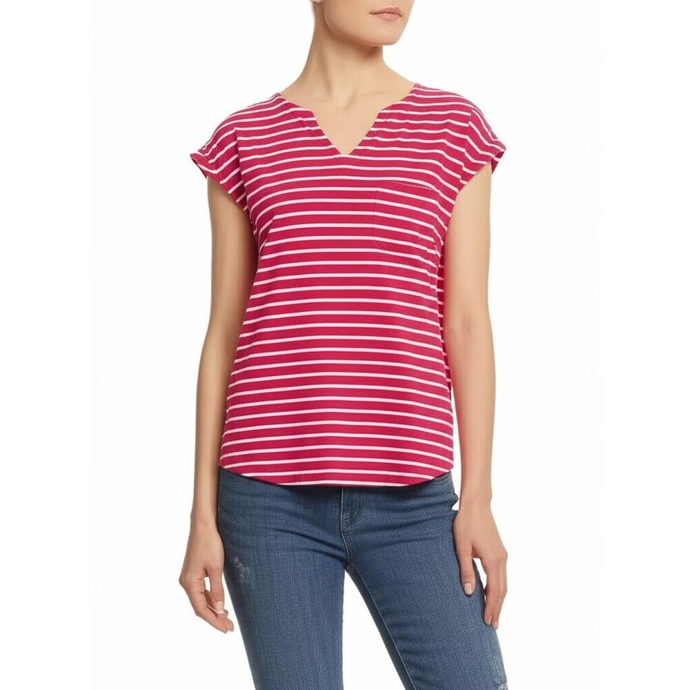 CHAPS Top Women Large Striped Salmon T-shirt V-Neck Striped Casual Preppy Summer
